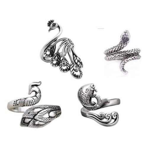 Simple retro three-dimensional peacock ring adjustable opening animal ring men and women jewelry koi fish ring