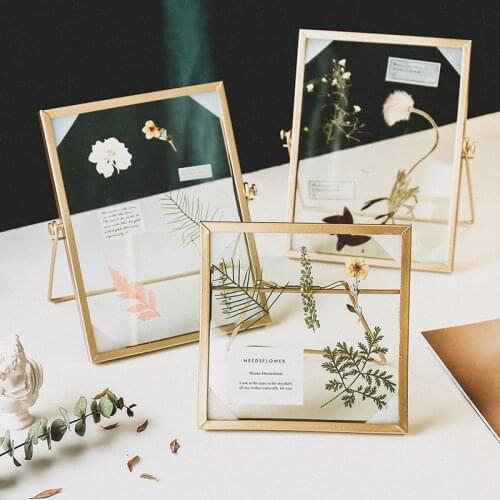 Nordic Gold Metal Glass Photo Frame Portrait Holder Golden Wedding Geometric Bracket Black Pictures Frames Decoration Ornament