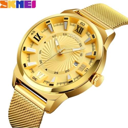 SKMEI Top Luxury Brand Men Quartz Watch Business Gold Strap Watches Male Waterproof Wristwatches Relogio Masculino 9166