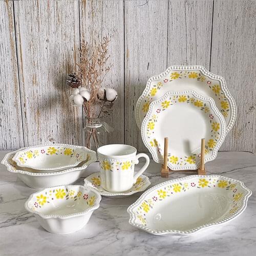 Special Price Slightly Defective Retro Yellow Flower Ceramic Plate Family Creative Bowl Set Dish Net Red Tableware Dishes