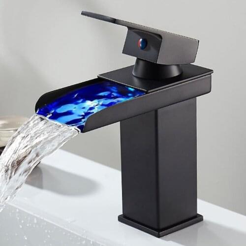 LED Waterfall Kitchen Bathroom Basin Sink Taps Faucet Temperature Color Change,Cold and Hot Water Mixer Sink Tap