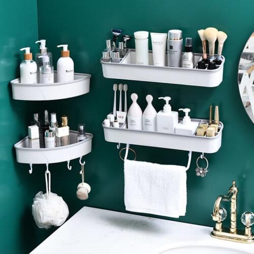 Bathroom Shelf Triangle Storage Rack With Hooks And Towel Bar For Kitchen Organizer For Bathroom Accessories Plastic Container