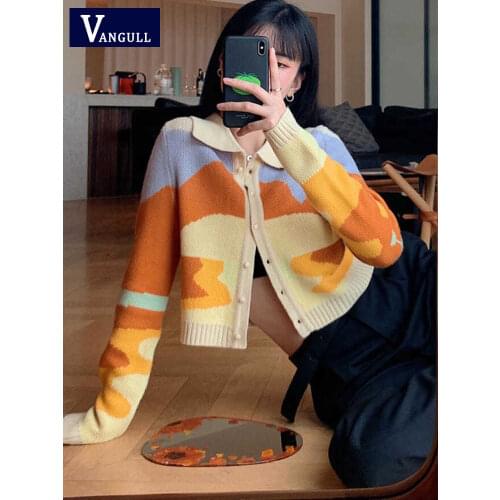 Vangull Single-breasted Cardigan Elegant Simple Casual Sweater Patchwork Stylish Retro Contrast Chic All-match Slim Comfortable