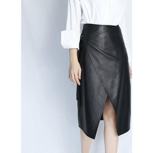 Women Genuine Leather Natural Real Sheepskin High Waist Open Fork Black Sexy Party Elegant Office Long A-Line Skirt Female