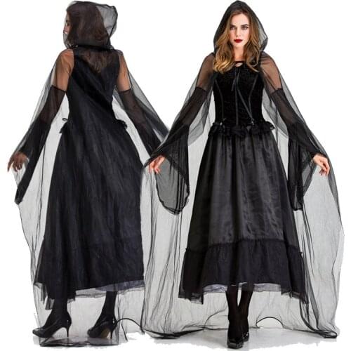 Womens Halloween Cosplay Masquerade Costume Witch Vampire Elf Wizard Dress Up Suits with Mesh Cloak and Hand Sleeves Robe Outfit