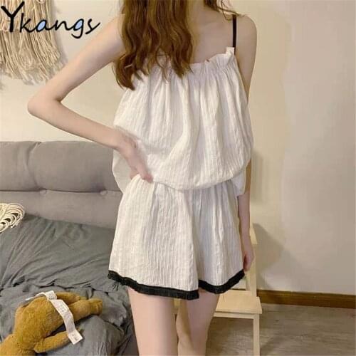 Sweet Women Casual Pajama Sets Sleeveless Spaghetti Strap 2021 New Elegant French Student White Cute Baggy Cozy Lounge Homewear