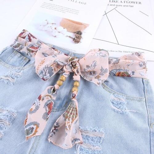 Fashion harajuku ladies ribbon rope print flower women belt skinny scarf chiffon fabric Korean version accessories
