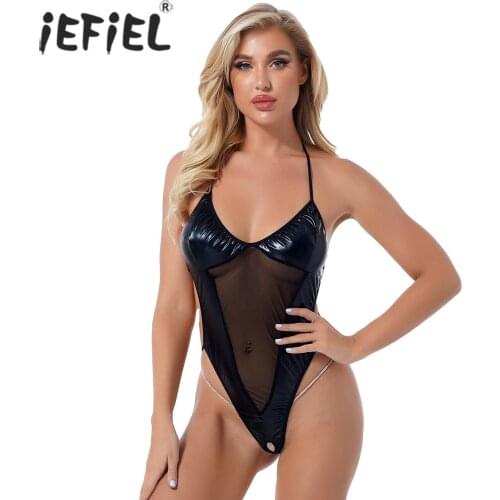 Women Wetlook Patchwork Bodycon Lingerie Bodysuit Lace-up Crotchless Catsuit Jumpsuit See-through Mesh High Cut Leotard Teddies