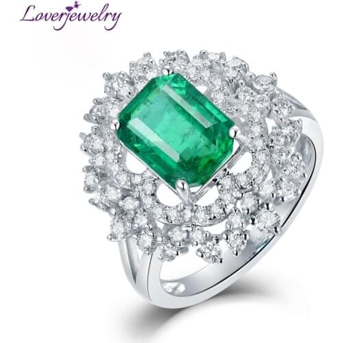 LOVERJEWELRY Female Luxury Natural Emerald Stone Wedding Ring Solid 18kt White Gold Diamond Trendy Jewelry For Women Party Rings
