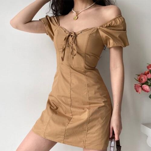 Femotwin Korea Mini Dress Summer Puff Sleeve Bowknot Bodycon Dress 2021 Vintage Office Lady Streetwear Women Sexy Dress Women