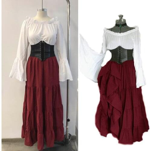 Women Medieval Renaissance Dress Middle Ages Court Princess Cosplay Costume Halloween Off Shoulder Ruffle Vestidos with Corset