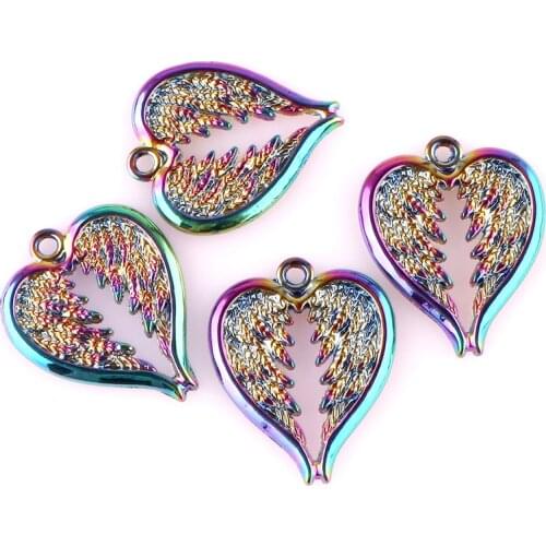 5pcs Charms Heart Angel Wings 24*29mm Rainbow Pendants DIY Necklace Crafts Making Findings Handmade Jewelry