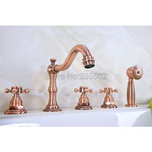 Antique Red Copper Roman Bathtub Mixer Faucet Set w/ Handheld Shower 5 Holes Tap Deck Mounted lna222