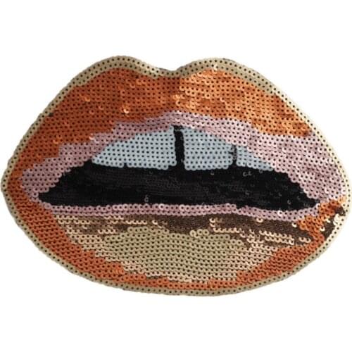 Large Gold Lips Sequins Patch Vintage Cartoon Embroidered Applique Fashion Clothing Decoration Sew On accessories Patch