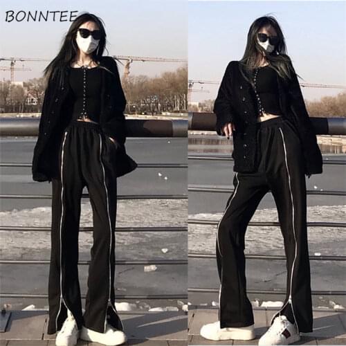 Wide Leg Pants Women Workout Spring Ladies Clothing Full Length Zippers Solid Color Front Side Slit Loose Harajuku Streetwear