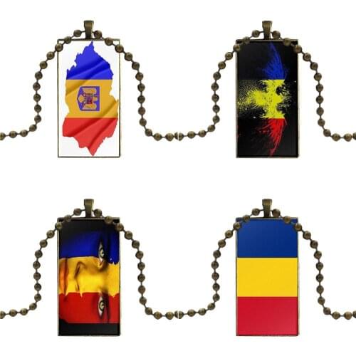 For Girls Gift Necklace With Bronze Plated Glass Cabochon Choker Long Pendant Rectangle Necklace Romania Flag