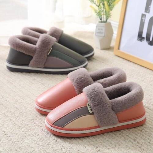Waterproof Indoor Shoes Woman Men Winter Home Slippers Faux Leather Warm Plush Lovers House Floor Slipper Anti-slip Footwear