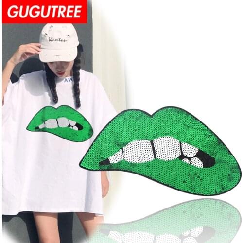 GUGUTREE embroidery Sequins big lip patches mouth patches badges applique patches for clothing JW-19121005