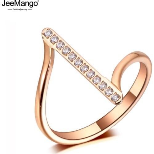JeeMango New Stainless Steel Rhinestone Stone Geometric Rings Jewelry For Women Girls Simple Office Style Crystal Rings JR20005