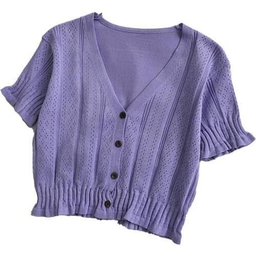 Candy Color Spring Crop Top Knitted Hollow Out Women Short Sleeve V Neck T-shirt for Dating
