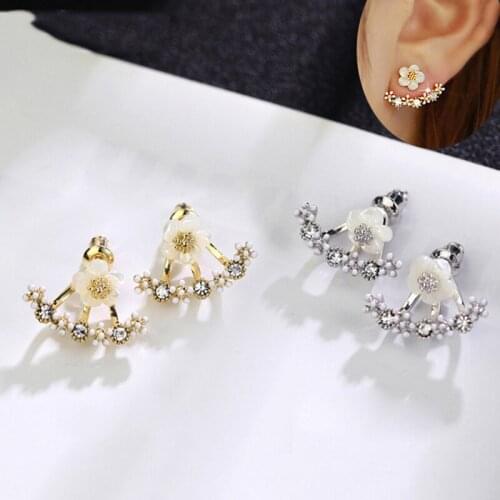 Cute Lovely Flower Back Stud Earrings For Women Shiny Crystal Golden/White Romantic Curve Female Trendy Earring Piercing Jewelry