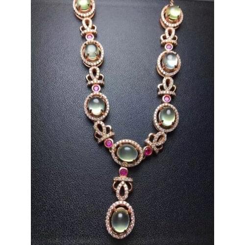 Natural green prehnite gem Necklace Natural gemstone Pendant Necklace S925 sliver Luxurious grace crown Girl party gift Jewelry