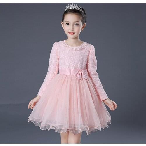 2018 New Girls Mesh Dresses Pink Long Sleeve Kids Embroidery Flower Sweet Children Princess Party Dress RT016