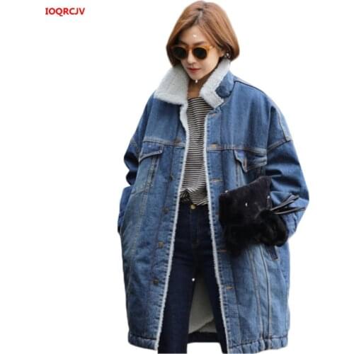 2019 Spring New Women Coat Winter Denim Jacket Large Size Thick Female Parkas Lamb cashmere Long Warm Jean Coat Outerwear W403