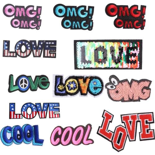OMG LOVE Letter Patches Stickers Iron Clothes Heat Transfer Applique Embroidered Application Cloth Fabric Sequin Patch Applique