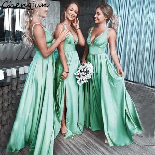 Chengjun Deep V Neck Sexy Mint Green Satin Long Bridesmaids Dresses 2019