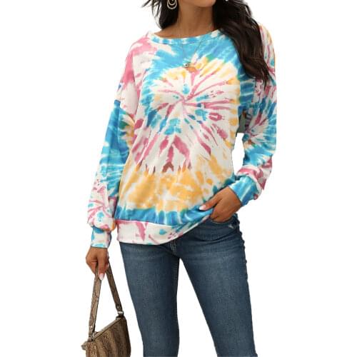 Womens Tie Dye Sweatshirt Casual Off Shoulder Long Sleeve Color Block Loose Pullover топы женские