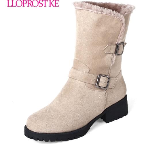 Lloprost ke Plus Size 33-44 Fashion Women Snow BootsThick Heel Warm Plush Fur Shoes Round Toe Mid Calf Boots Winter Footwear
