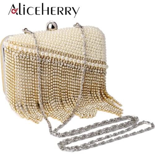 Diamonds Women Evening Bags Gold/White Chain Tassel Shoulder Mini Clutch Purse Handmade Pearl Crossbody Bag