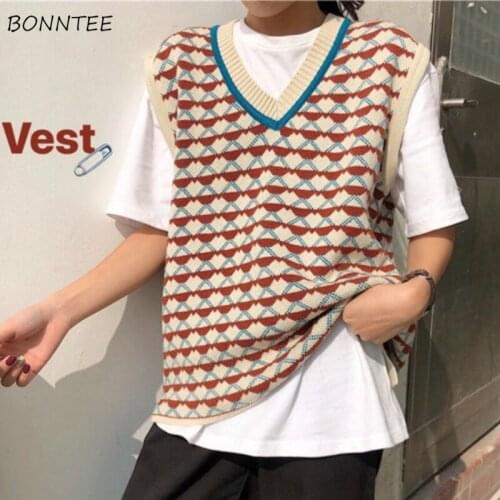 Vest Women Striped Knitted Loose V-neck Panelled Folk-style Girls Sweater Chic Tank Ulzzang Jumper Trendy Daily Warm Female New