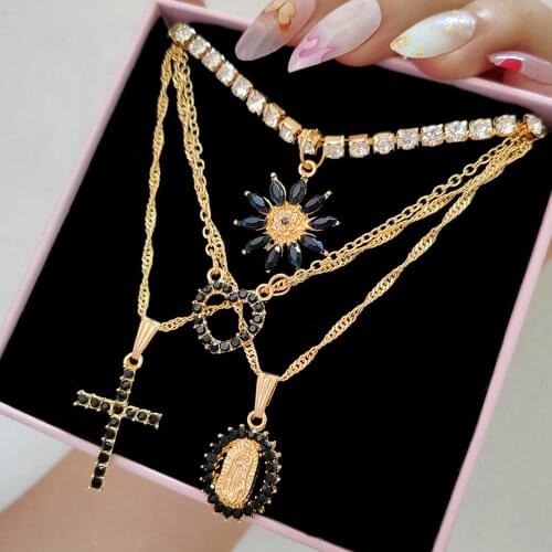 2021 New Multilayer Black Crystal Sunflower Charms Tennis Choker Necklace Jewelry Shiny Cross Portrait Metal Long Clavicle Chain