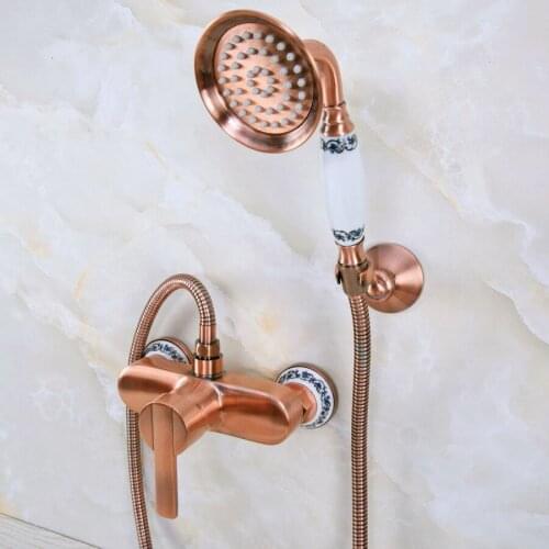 Antique Red Copper Brass Ceramic Base Wall Mounted Bathroom Hand Held Shower Head Faucet Set Mixer Tap ana288