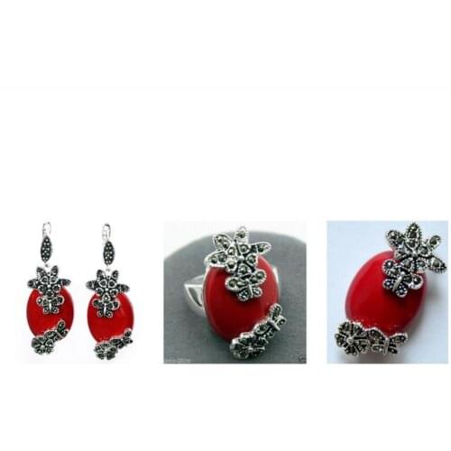 Free Shipping Fashionable Red Carved Lacquer Marcasite 925 Sterling Silver Ring(#7-10) Earrings & Pandent jewelry sets