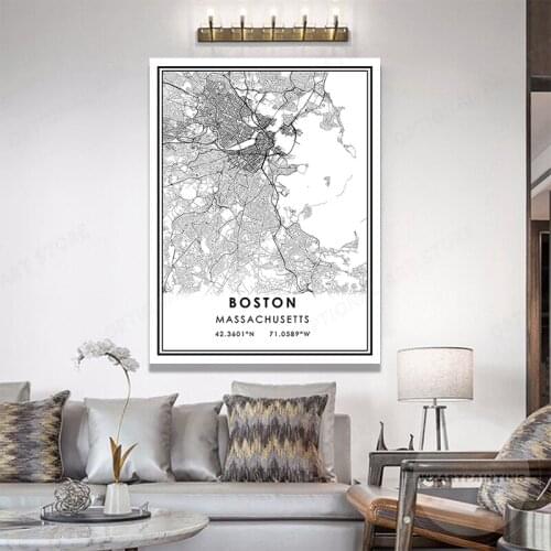 Black And White World City Map BOSTON Wall Art Canvas Poster Prints Nordic Style Paintings Picture For Living Room