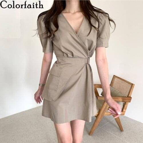 Colorfaith New 2021 Womens Summer Shirt Dresses V-Neck High Waist Fake Two Pieces Puff Sleeve Lace Up Vintage Mini Dress DR2051
