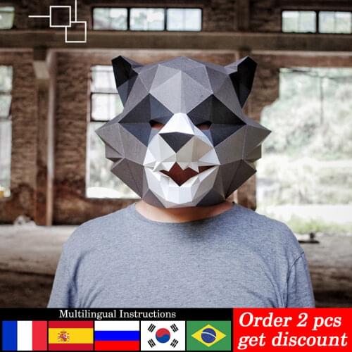 Raccoon Animal Adult Head Mask Paper Model,3D Low poly Papercraft,Party Cosplay Prop,Handmade DIY Origami Craft Toy RTY005