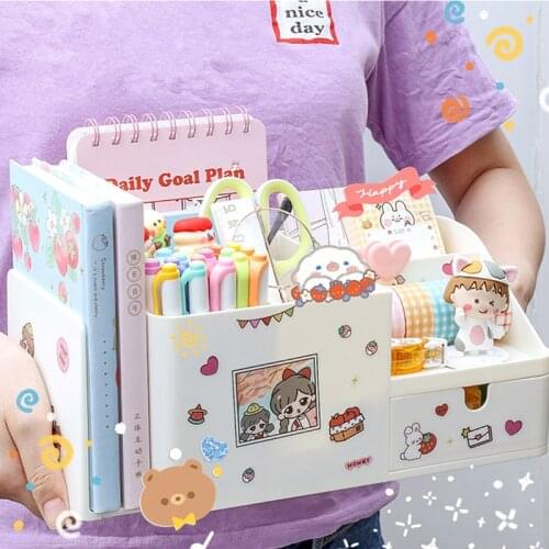 Kawaii ABS 2 In 1 Multifunctional Pen Holder Desk Organizer Books Stand Holder Bookends Sticker Office School Stationery