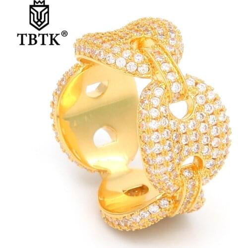 TBTK Puffed Marine Chain Fat Links Ring Fashion Design Jewelry for Man Punk Party Style Full of Bling Sparkling Zircon Cool Ring