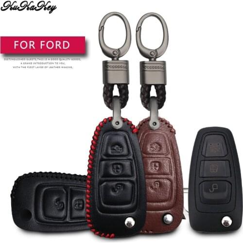 Leather Car Key Case Cover Protection Shell Skin For Ford Ranger C S-Max Focus Galaxy Mondeo Transit Car Keyring Keychain