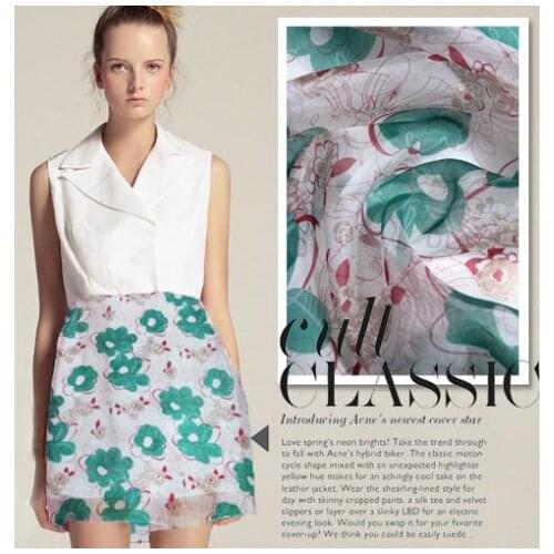 LEO&LIN Dream Flower Refreshing Summer Line Print Organza 100% Silk Fabric For Dress Tulle Material Green 50cm