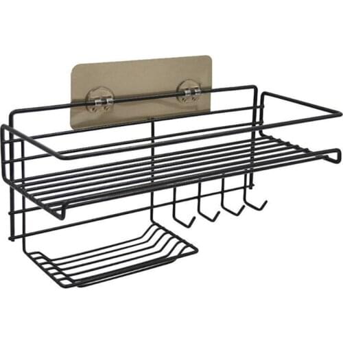 Multifunctional Metal Storage Tray Wrought Iron Hollow Shampoo Holder Bathroom Organizer Rack with 4 Hooks and Soap Dish