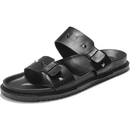 Fashion Brand Slides Mens Soft Cow Leather Outdoor Breathable Non-slip Sandals Male 2020 Summer Black Beach Slippers Top Quality