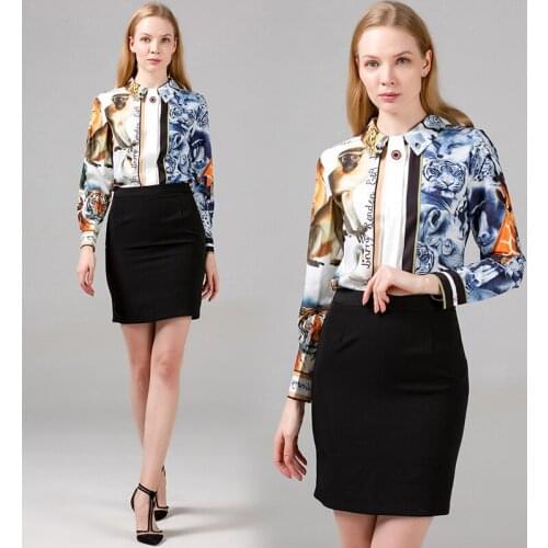 New Spring Summer Fall Runway Vintage Animals Print Beading Collar Long Sleeve Womens Party Casual OL Top Shirts Blouse