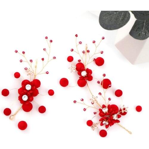 Original Bridal Red Flower Korean Red Faux Pearl Headwear Children Perform Headdress Bride Wedding Accessories BN