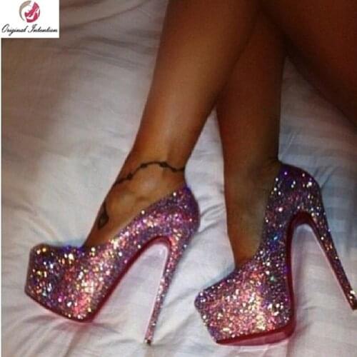 Original Intention Women Pumps New Fashion Sexy Round Toe Glitter Thin High Heels Pumps Pink Shoes Woman Plus Size 4-20