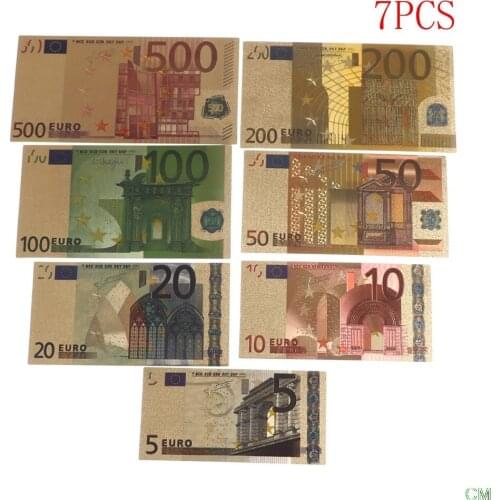 7pcs High Quality 24K Gold Plated Euros Fake Money Commemorative Notes Collection Souvenir Antique Decoration 5-500 Dollar